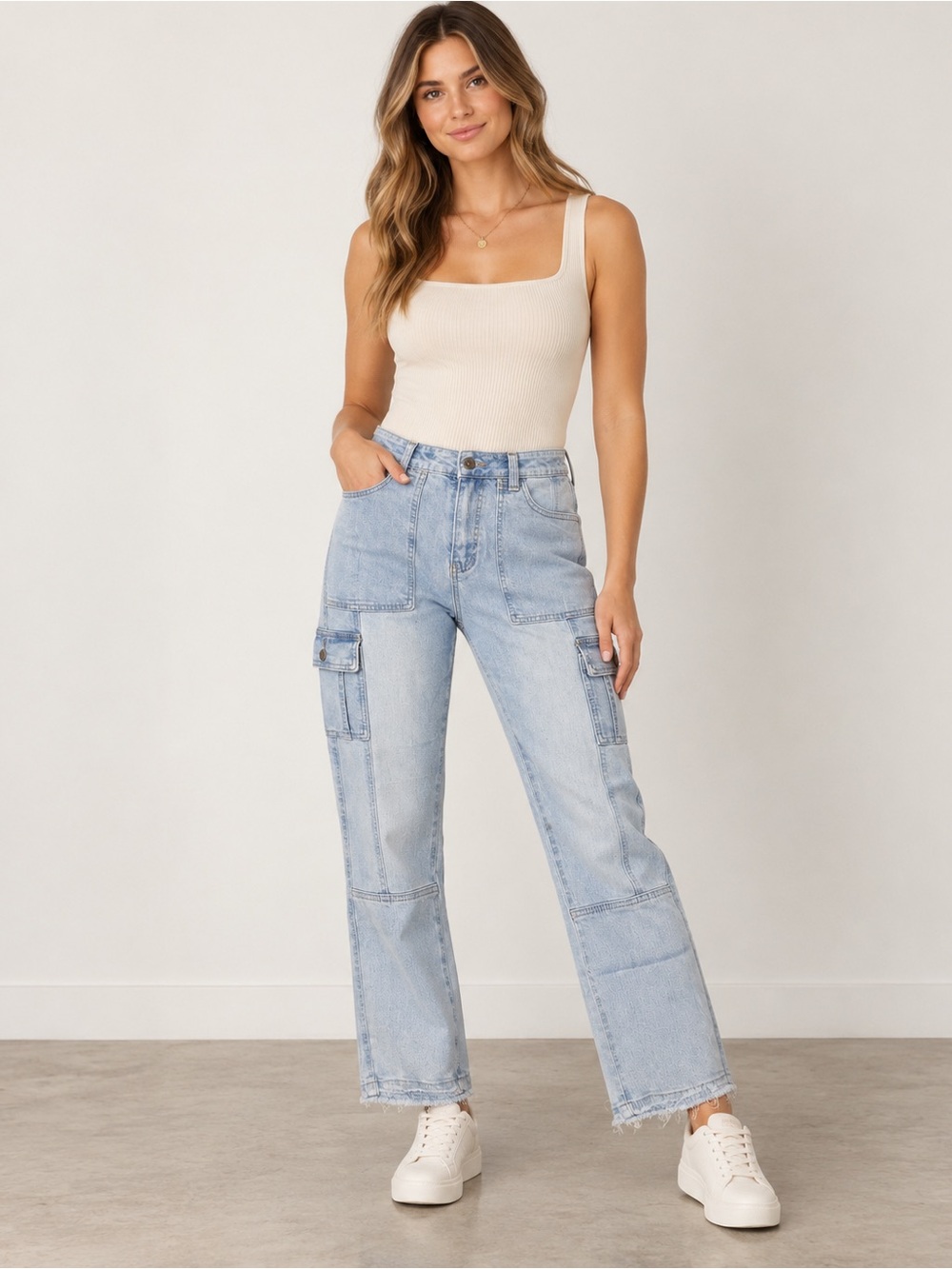 KanCan Cargo Jeans Size 5 Light Wash Straight Leg Utility Raw Hem